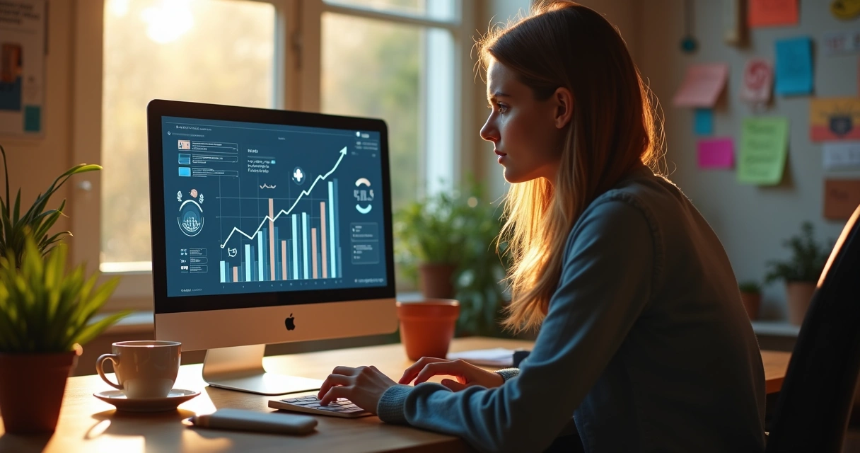 Mulher trabalhando em notebook em ambiente acolhedor com elementos de marketing digital 