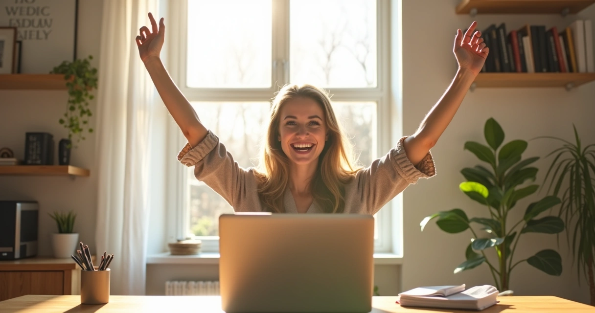 Empreendedora comemorando com laptop aberto na mesa 