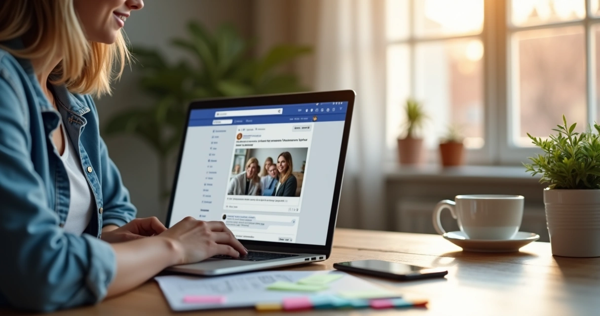 Mulher usando notebook participando de grupo online 