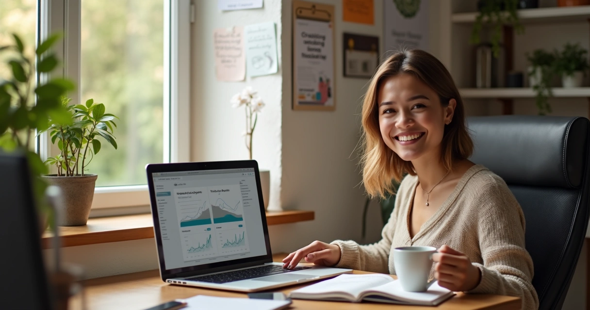 Mulher feliz trabalhando em casa com marketing digital 