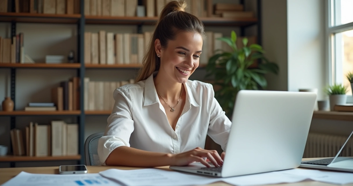Mulher sentada em frente a laptop sorrindo e estudando direito digital 