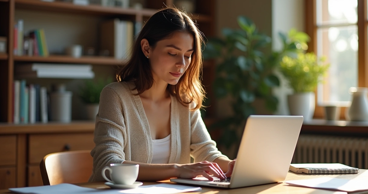 Mulher sentada com notebook em uma mesa, papéis com anotações e xícara de café ao lado