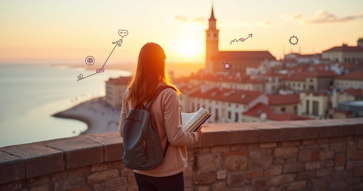 Viajante solitária caminhando em mirante europeu ao nascer do sol 