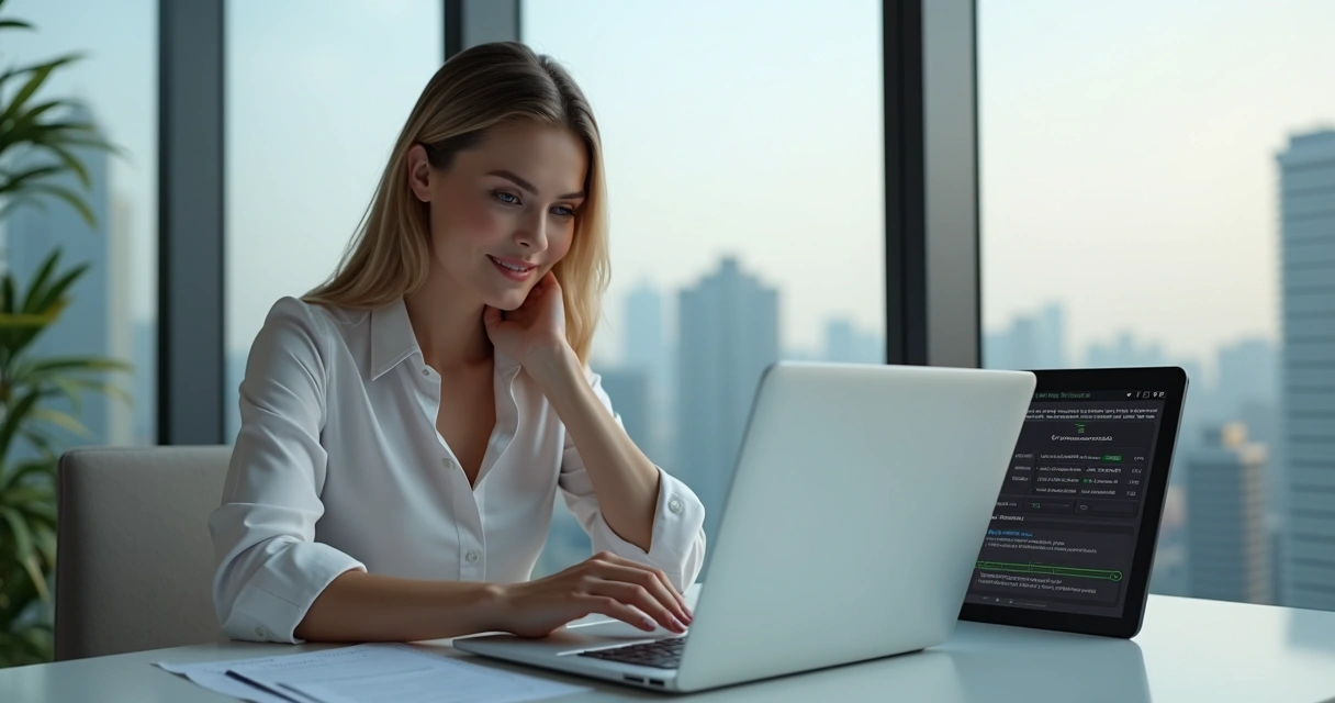 Mulher empresária em escritório moderno usando notebook para vendas digitais 