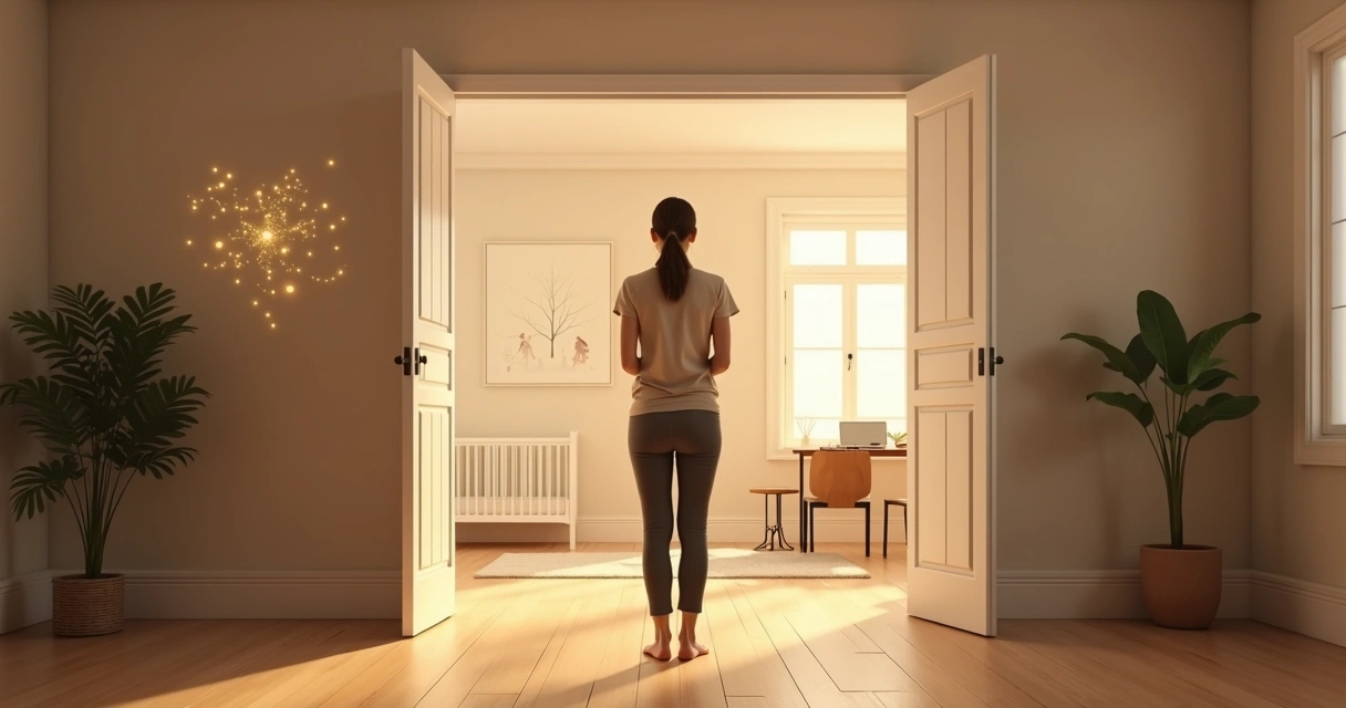 Mulher olha para duas portas representando caminhos diferentes para a maternidade 