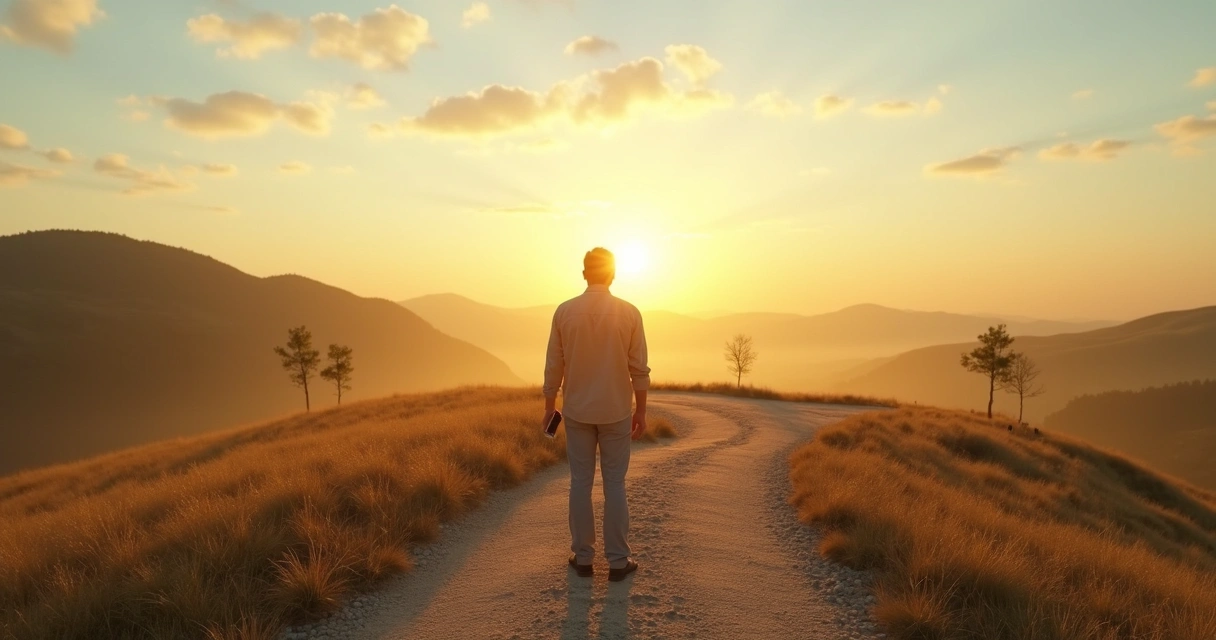 Pessoa em encruzilhada observando horizonte ao nascer do sol 