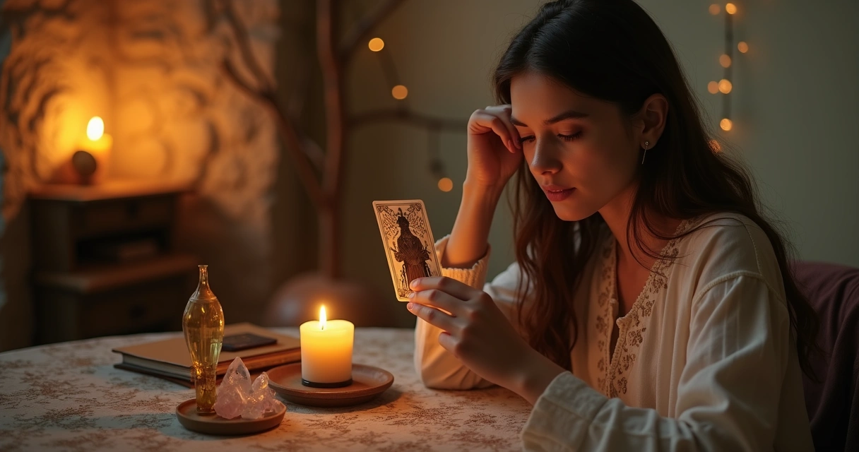 Mulher encara carta de Tarot mostrando símbolo de medo 