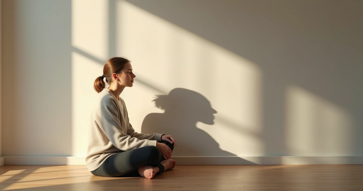 Mulher sentada em posição de meditação observando sua sombra projetada na parede 
