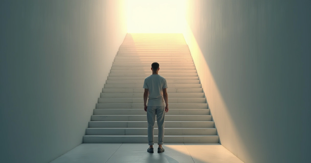 Pessoa em pé diante de escada iluminada simbolizando enfrentamento do medo 
