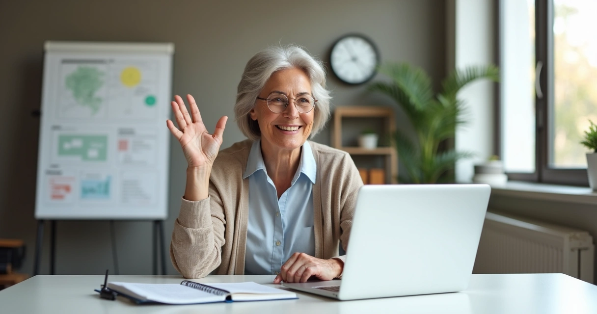 Mulher madura sorrindo explicando algo na frente de um notebook 