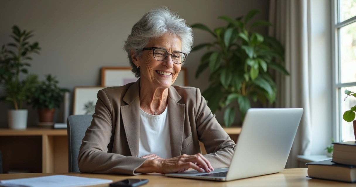 Mulher madura em casa, ensinando curso online pelo notebook, sorrindo. 