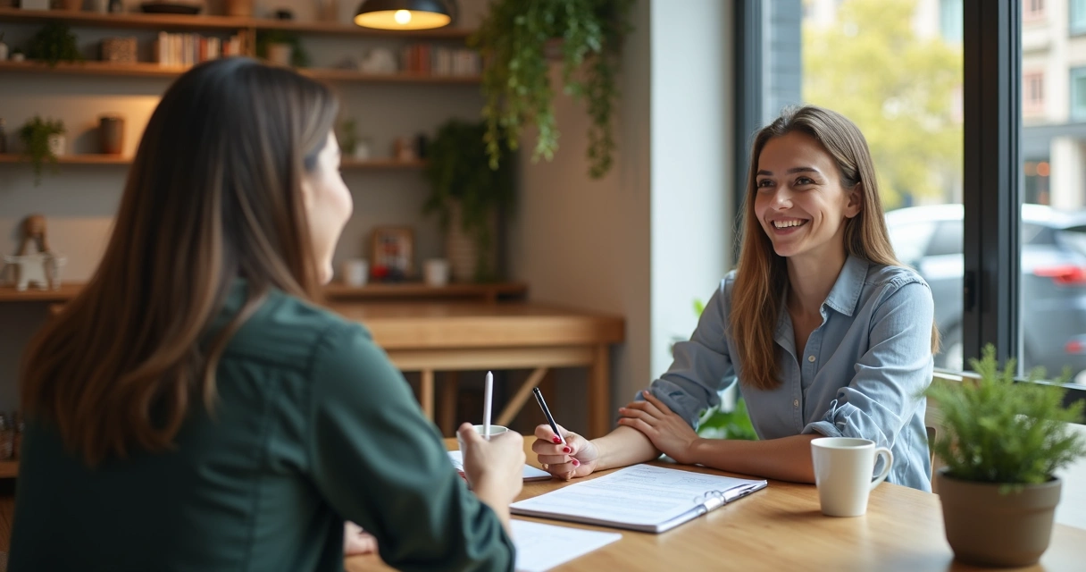 Mulher sorrindo em reunião informal de trabalho em cafeteria.