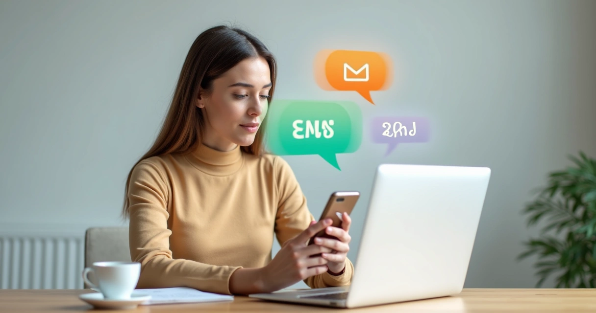 Mulher usando smartphone enviando mensagens. 