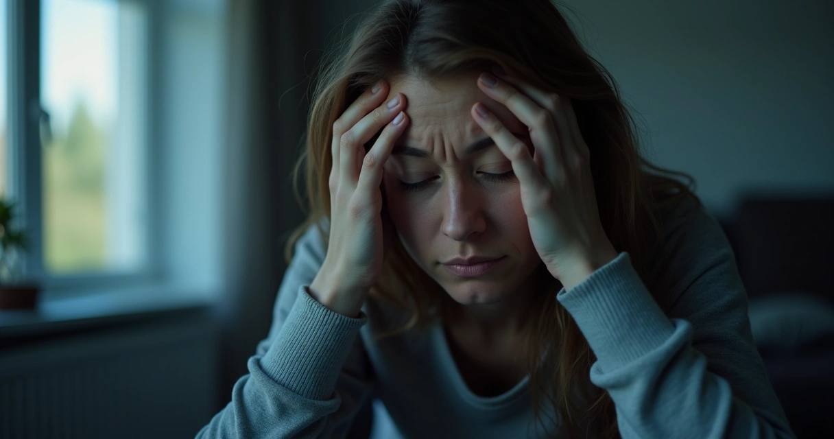 Mulher adulta escurecendo ambiente por dor de cabeça forte 
