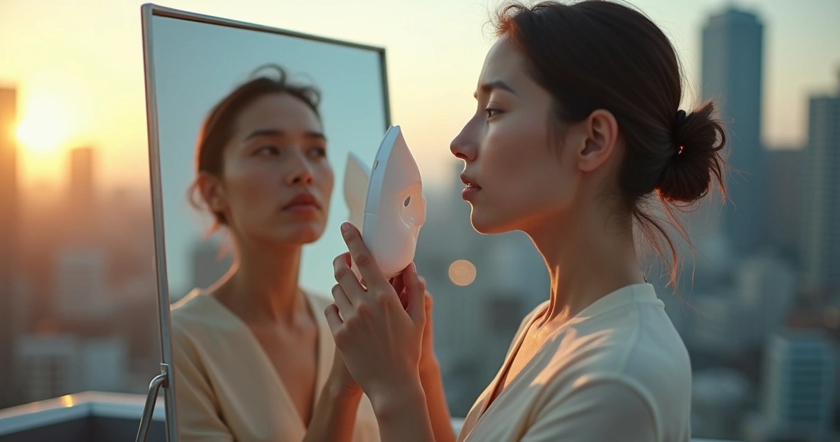 Pessoa adulta segurando uma máscara diante de um espelho em ambiente urbano ao pôr do sol 