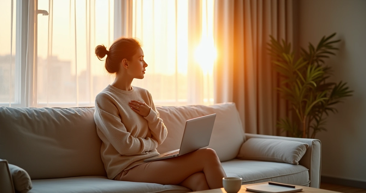 Mulher sentada em sofá olhando pela janela equilibrando privacidade e abertura emocional 