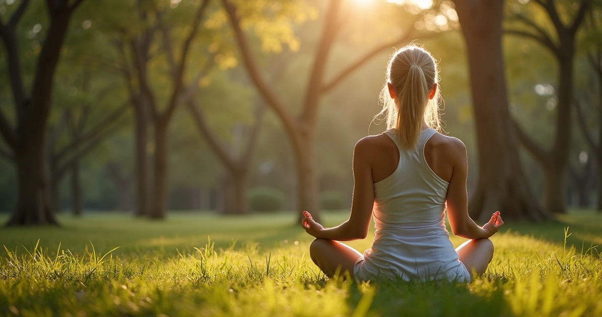 Mulher sentada em posição de meditação em parque, cercada por árvores em diferentes estações do ano 