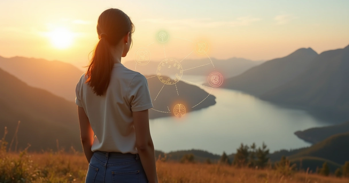 Mulher adulta em pé diante de paisagem calma com traços gráficos representando equilíbrio emocional 