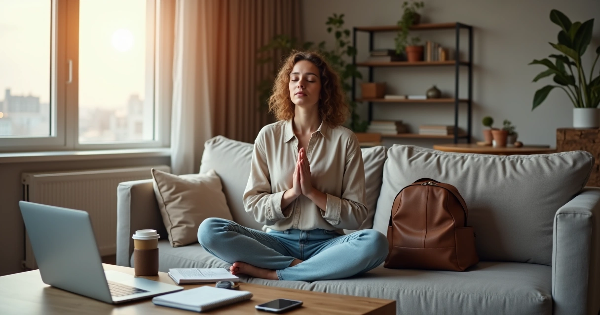 Mulher sentada no sofá respirando fundo em meio a objetos de trabalho e rotina agitada 