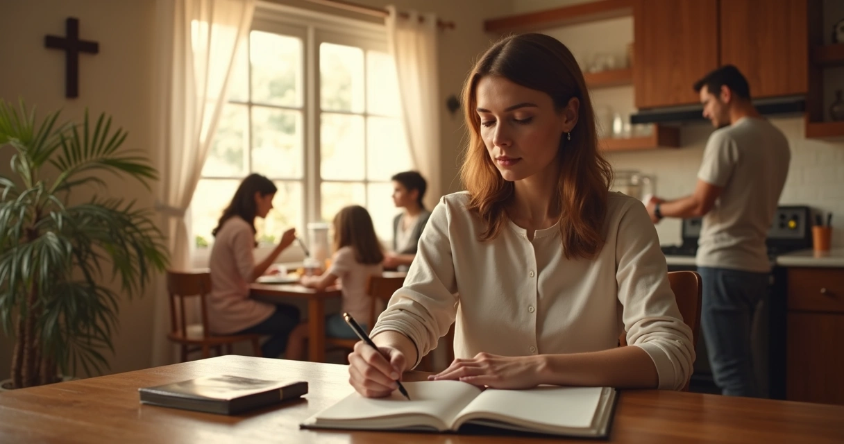 Mulher sentada à mesa analisando agenda com família ao fundo 