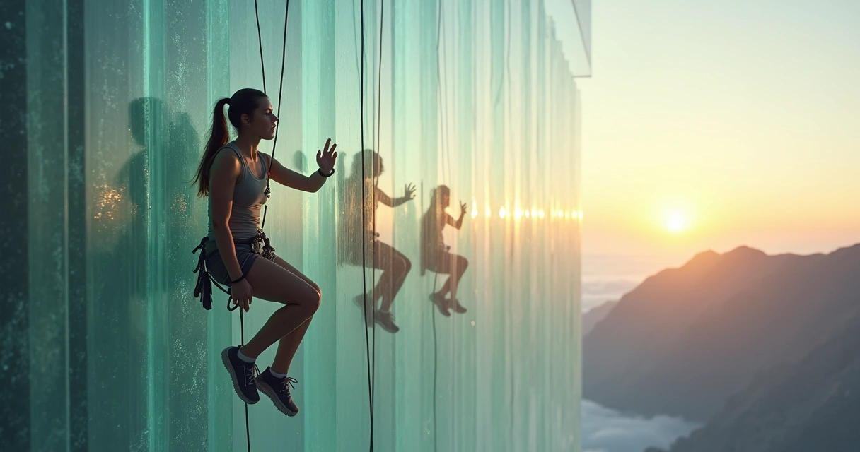 Mulher escalando parede de cristal observando reflexos de versões de si mesma 