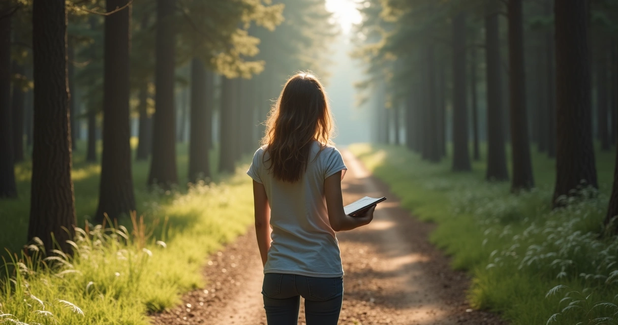 Pessoa em pé diante de duas trilhas em uma floresta, indicando tomada de decisão