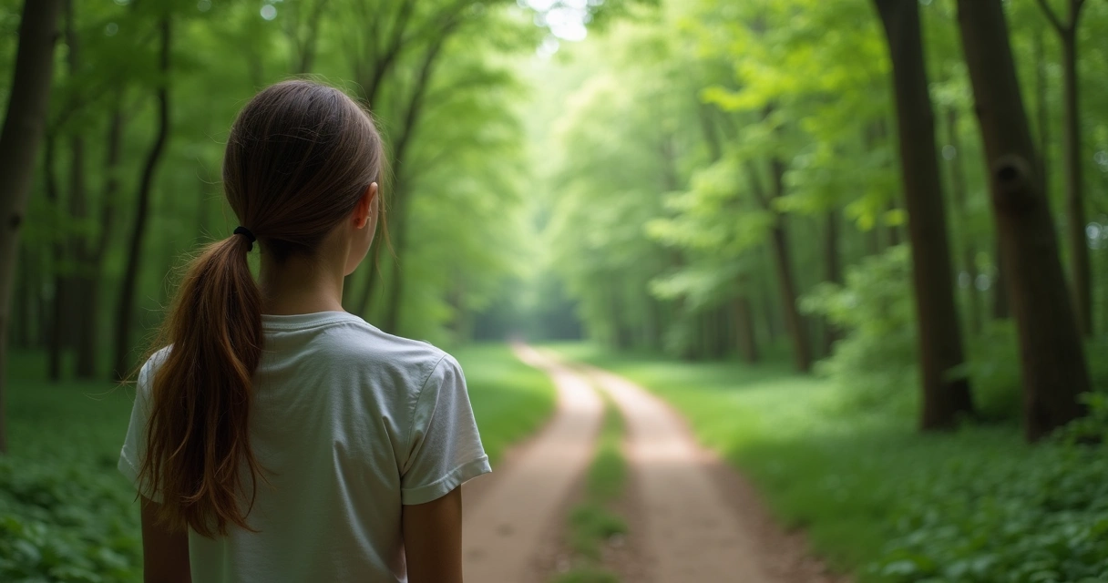 Mulher de costas diante de três diferentes caminhos em uma floresta verde 