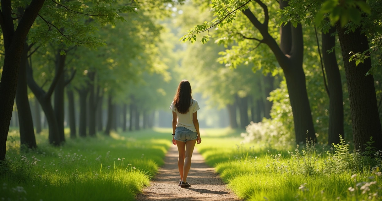 Mulher parada diante de duas trilhas em um parque com árvores
