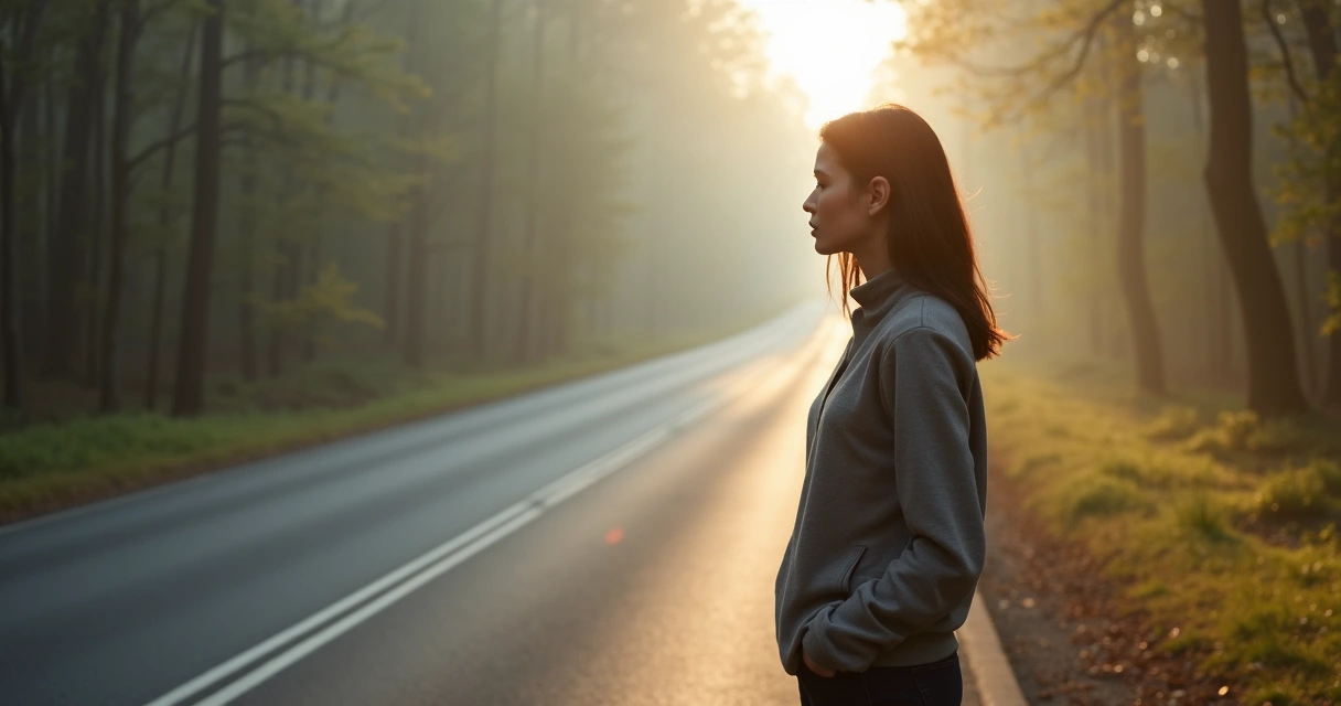 Mulher olhando para cruzamento de estrada com expressão pensativa e árvores ao fundo 