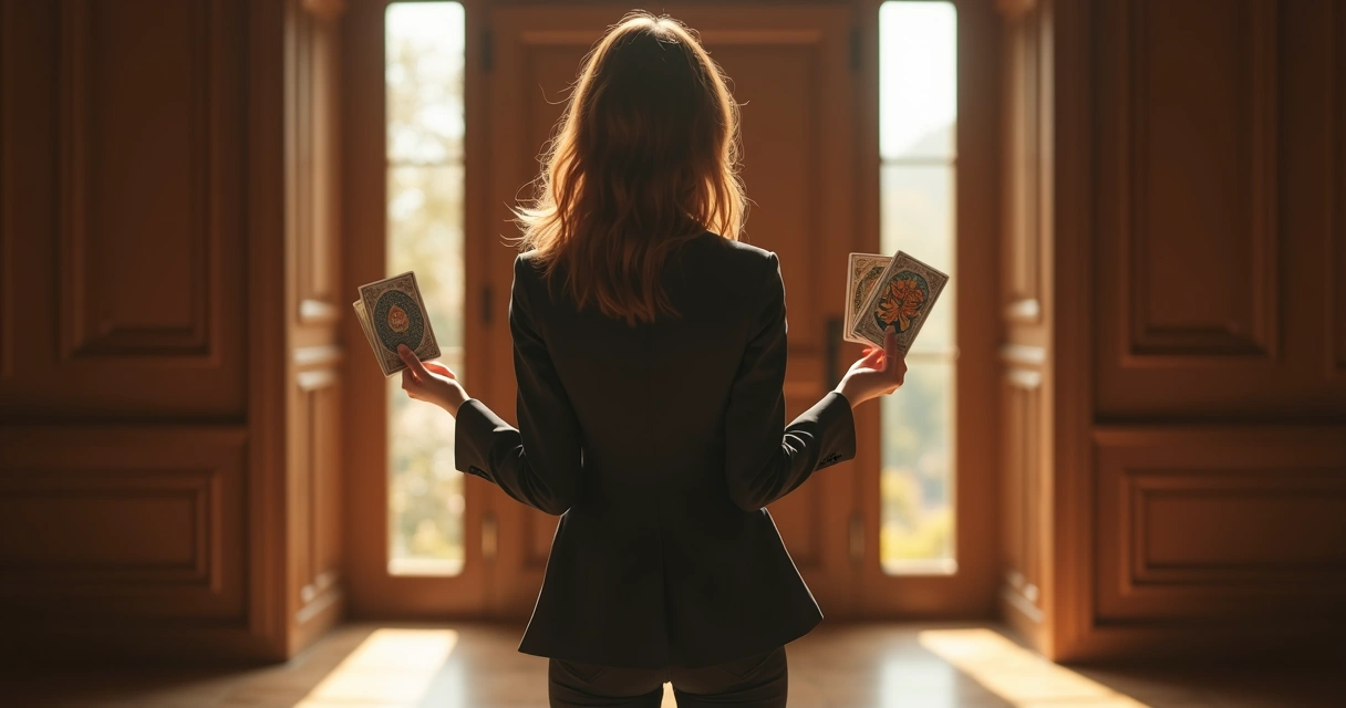 Mulher diante de porta dupla, segurando cartas de tarot 