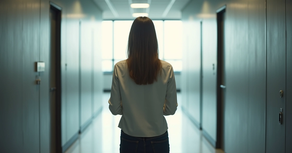 Mulher parada entre dois caminhos diferentes no trabalho, vista de costas 