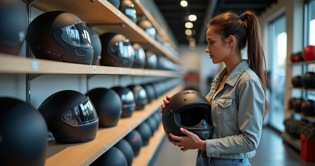 Mulher escolhe capacete de moto em prateleira de loja especializada 