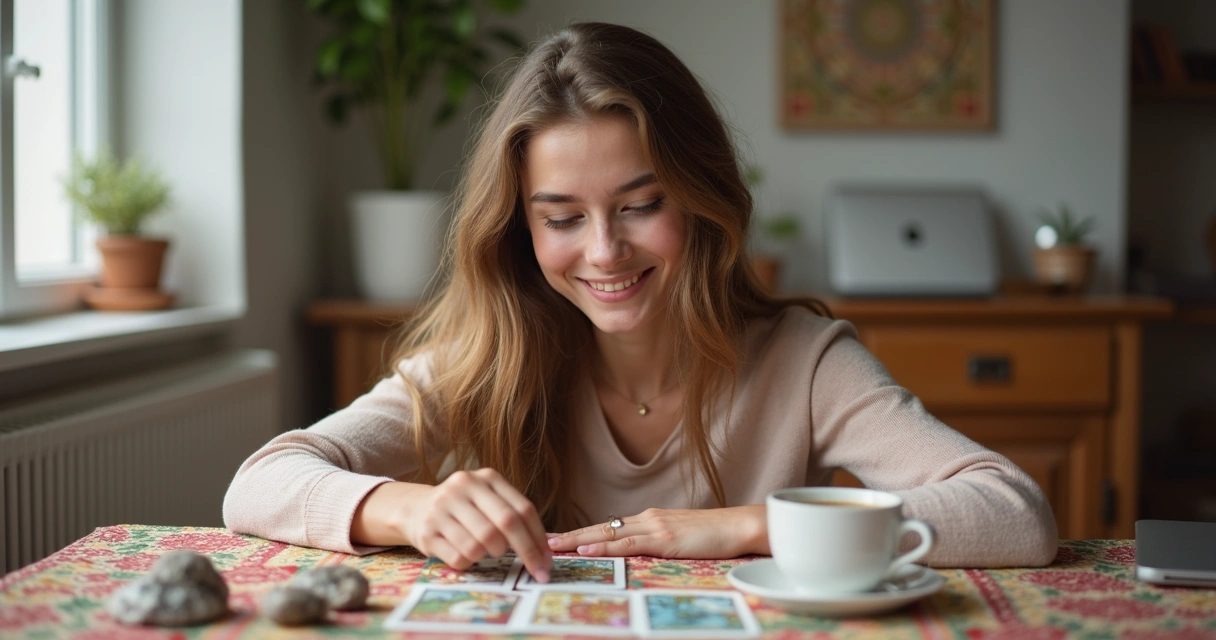 Mulher sorridente, sentada à mesa, escolhendo uma carta de tarot 