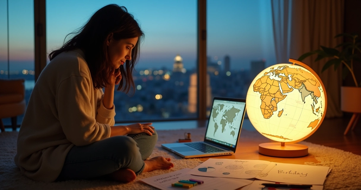 Mulher adulta observa globo terrestre com mapa astral e cidades destacadas para escolha do aniversário 