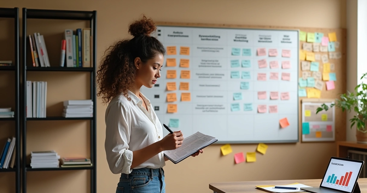 Mulher analisa comparativo de cursos de escrita em grande quadro com anotações 