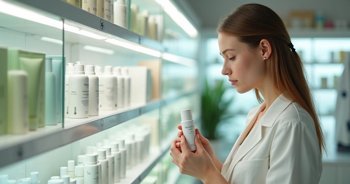 Mulher avaliando dermocosméticos para pele sensível em prateleira de farmácia de manipulação 