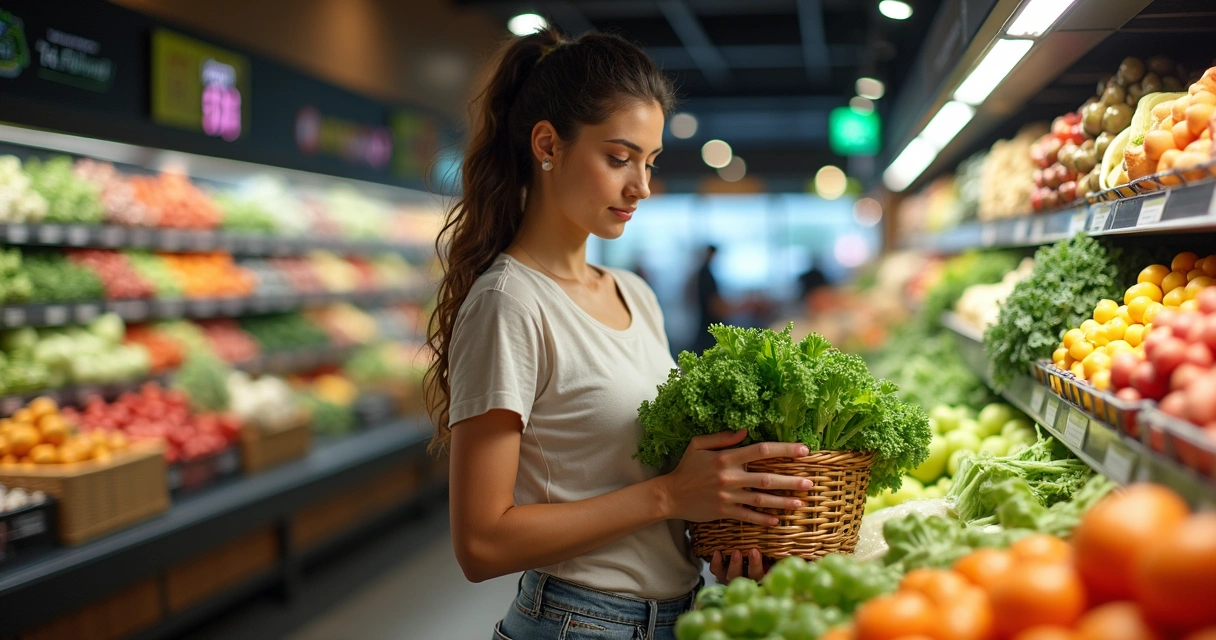Mulher escolhendo legumes frescos em supermercado bem iluminado. 