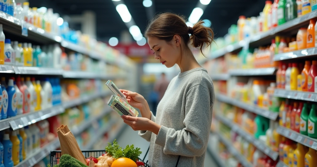 Mulher comparando produtos em prateleira de supermercado