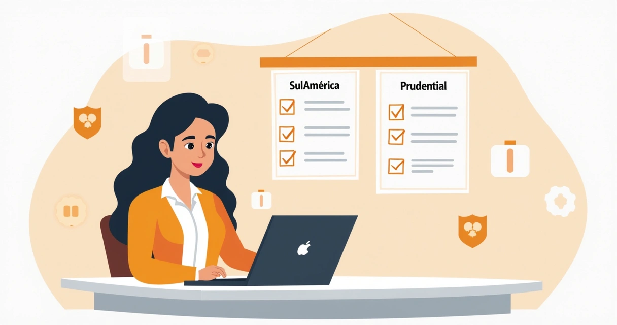 Mulher analisando comparativo de seguros SulAmérica e Prudential em notebook.
