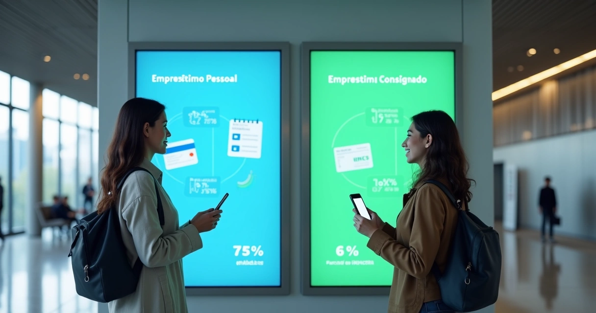 Mulher analisando opções de empréstimo em painel dividido entre pessoal e consignado 
