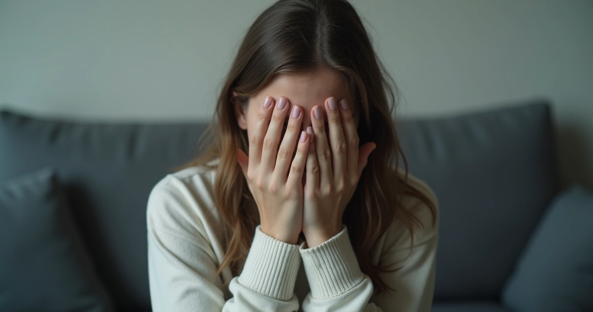 Mulher tampa o rosto com as mãos, dando a impressão de evitar sentimentos 