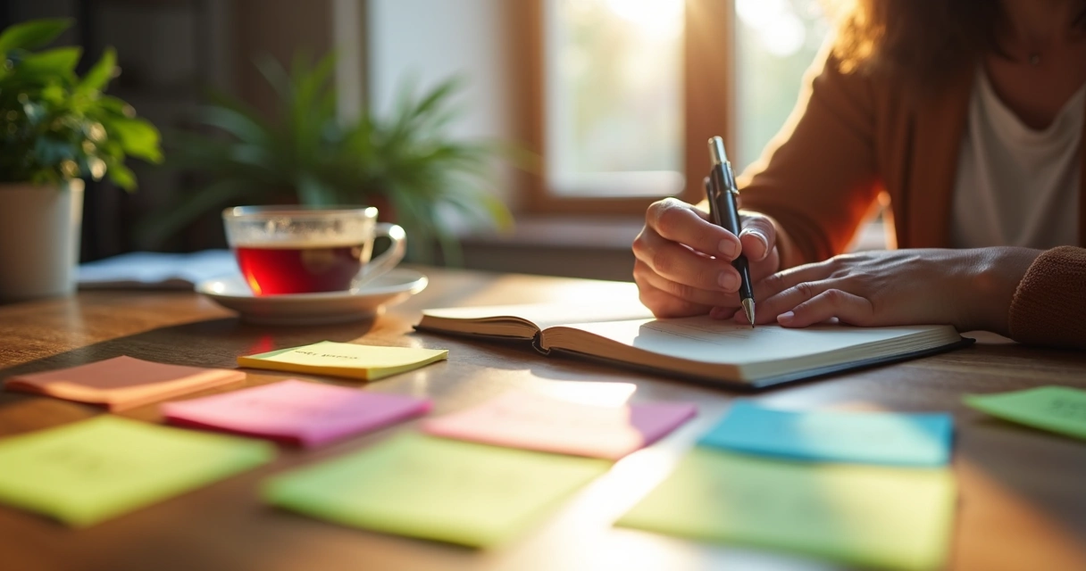 Mulher escrevendo afirmações positivas em um caderno 