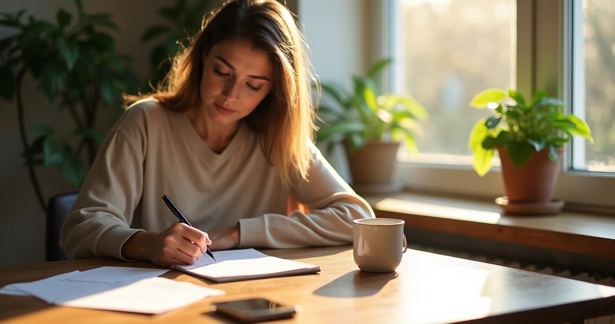 Mulher escrevendo em bloco de anotações em ambiente natural 