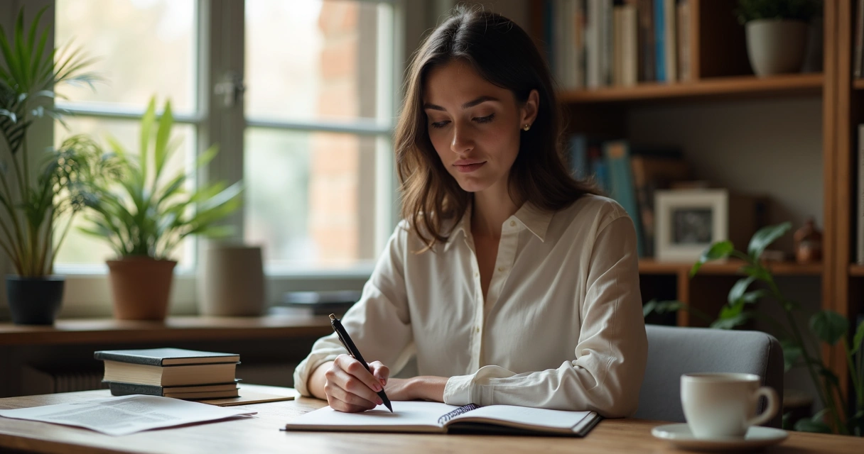 Mulher sentada escrevendo em um caderno na mesa 