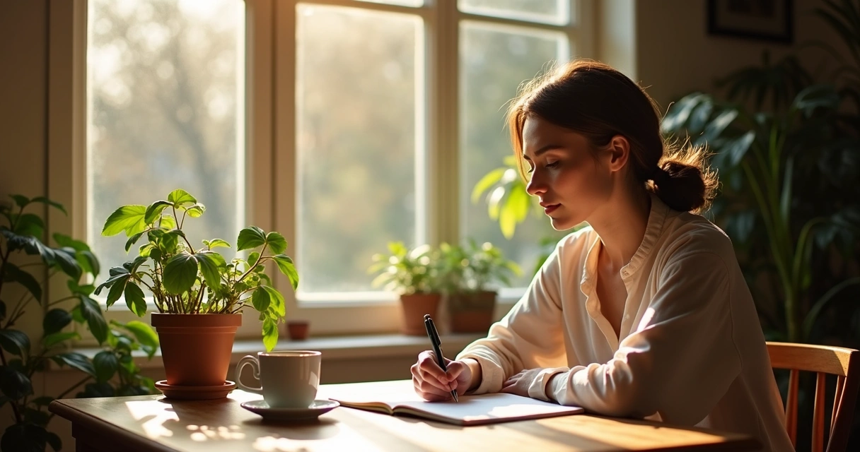 Mulher sentada escrevendo em caderno ao lado de janela com planta