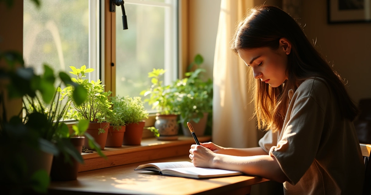 Mulher escrevendo em um caderno perto de uma janela ensolarada 