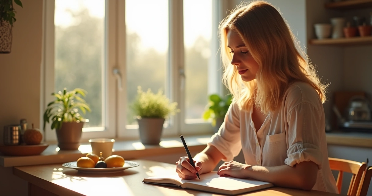 Mulher escreve no caderno enquanto toma café em uma manhã ensolarada