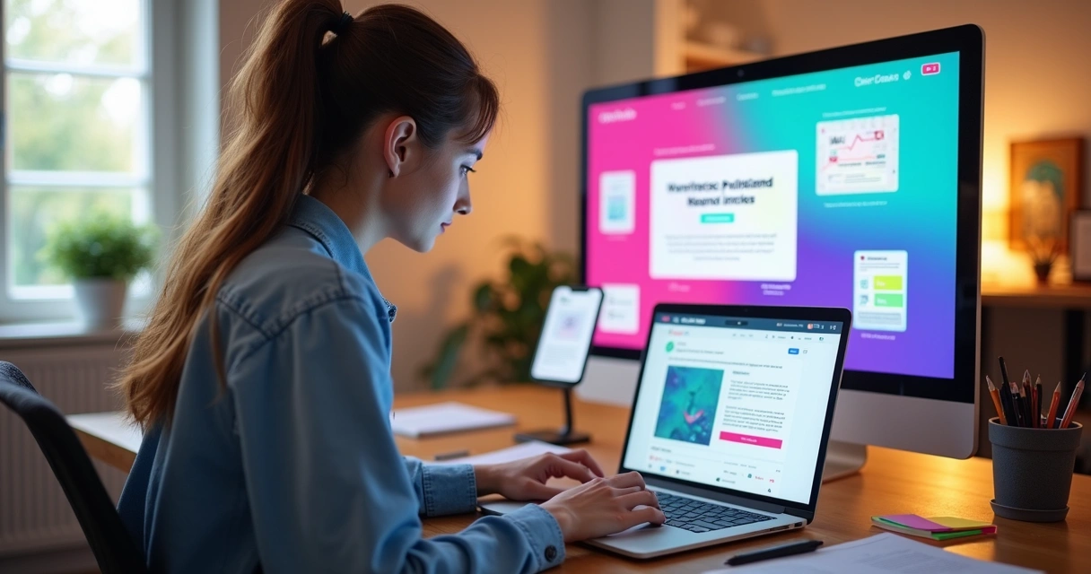 Mulher digitando chamadas de redes sociais em notebook cercada por telas com posts coloridos 