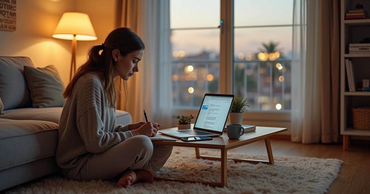 Mulher escrevendo em caderno ao lado de notebook com interface de IA em sala acolhedora 