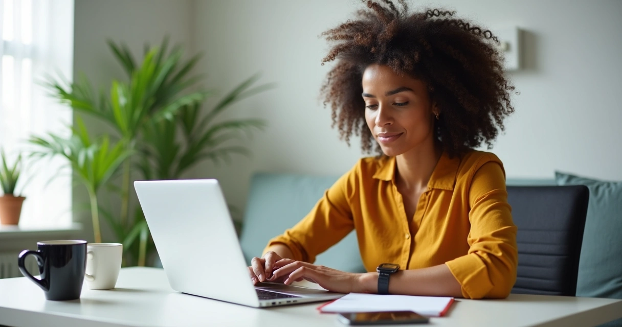Mulher digitando em computador em ambiente home office 